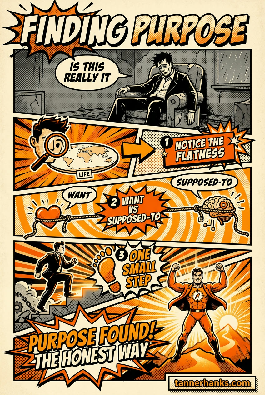 Pop-art comic infographic titled Finding Purpose. Panel one, a slumped man in a cracked gray room asks, is this really it. Panel two, a magnifying glass over a globe labeled life leads to step one, notice the flatness. Panel three, a heart labeled want and a brain labeled supposed-to pull against each other on a rope for step two, want versus supposed-to. Panel four, a man climbs broken chains up a step for step three, one small step, and becomes a bold orange figure standing triumphant on a mountain at sunrise under the words purpose found, the honest way.