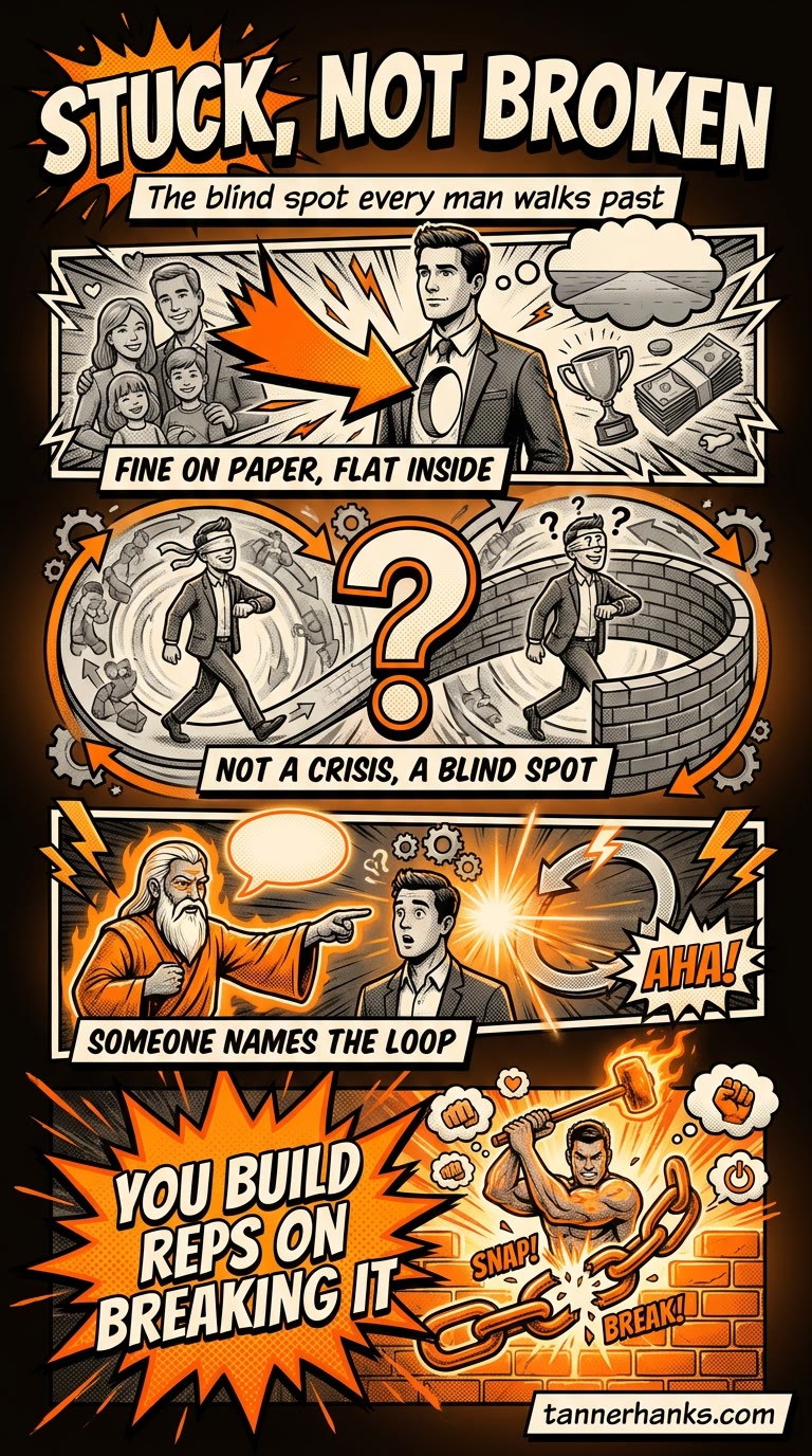 Pop-art comic infographic titled Stuck, Not Broken, the blind spot every man walks past. Panel one, a well-dressed man surrounded by family, a trophy, and cash looks distant, labeled fine on paper, flat inside. Panel two, a blindfolded man walks in a looping maze around a big question mark, labeled not a crisis, a blind spot. Panel three, an older mentor figure points at a startled man as gears click into place and a burst reads aha, labeled someone names the loop. Panel four, a man swings a hammer to snap a heavy chain against a brick wall, labeled you build reps on breaking it.