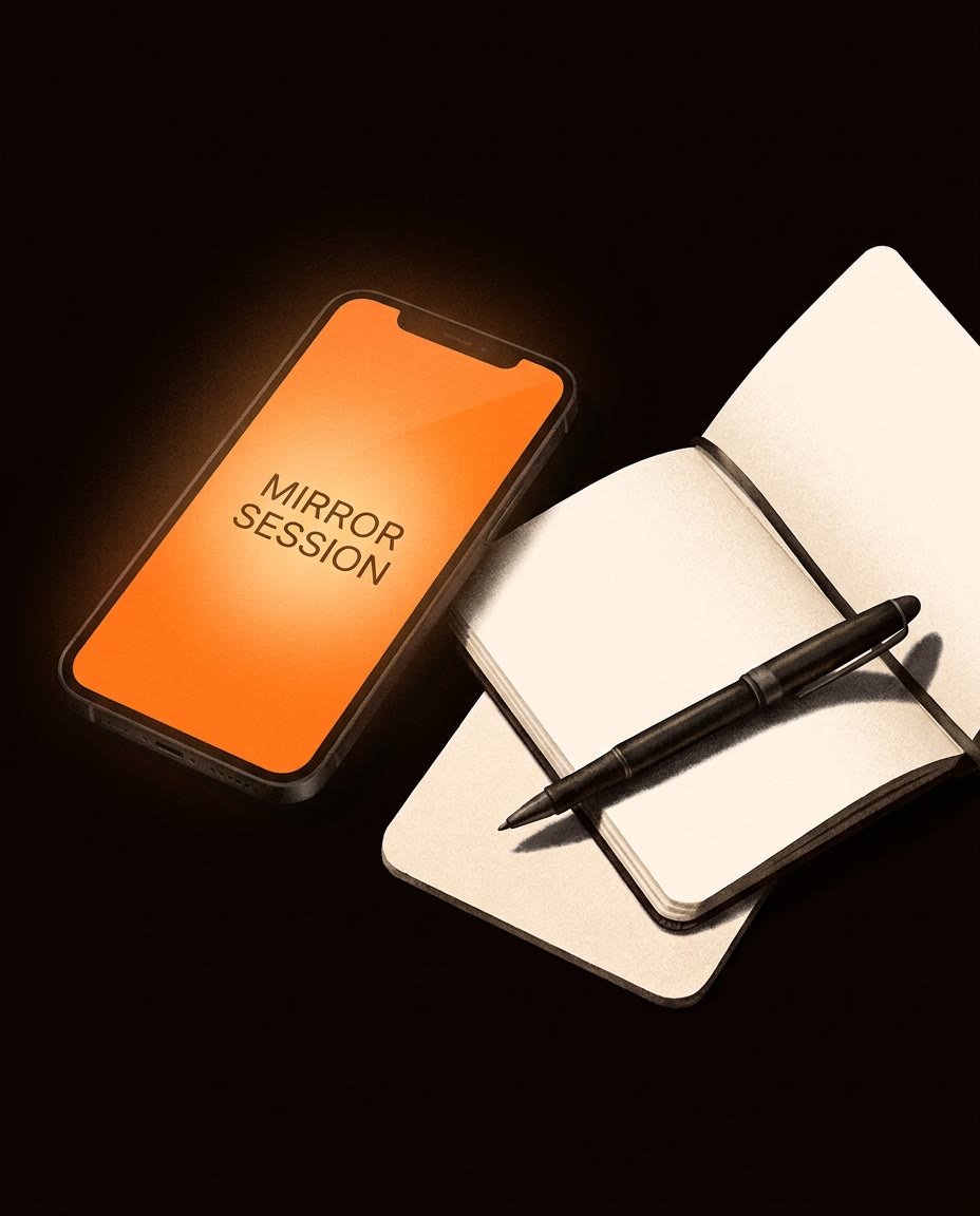 Illustration of a phone showing an incoming Mirror Session call next to an open pocket notebook and pen
