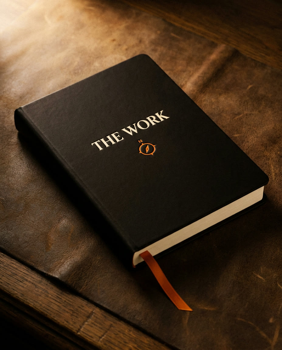 A personalized coaching workbook with a near-black cover, cream lettering reading The Work, an orange compass mark and an orange bookmark ribbon